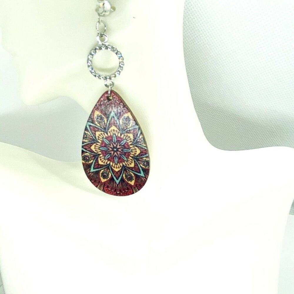Silver-Tone Rhinestone Painted Wood Dangle Earring